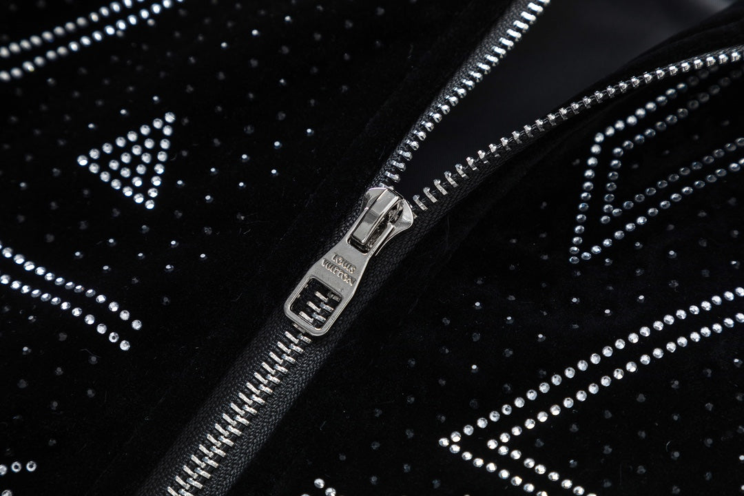 LV Fall Winter 2024 Men’s Velvet Baseball Jacket | Signature All-Over Logo Rhinestone Design