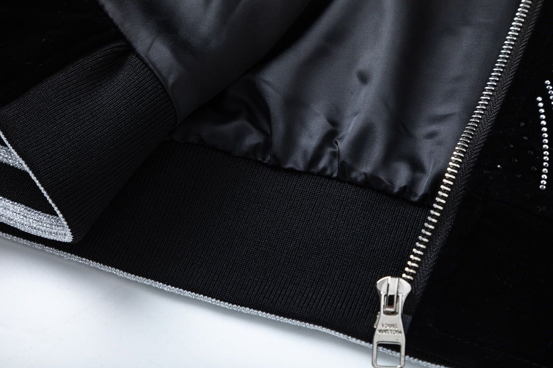 LV Fall Winter 2024 Men’s Velvet Baseball Jacket | Signature All-Over Logo Rhinestone Design