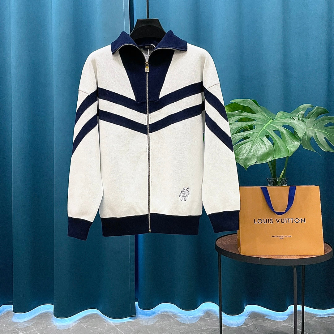 LV Louis Vuitton Jacquard Logo Wool Knit Zip Cardigan | Unisex Luxury Casual Outerwear