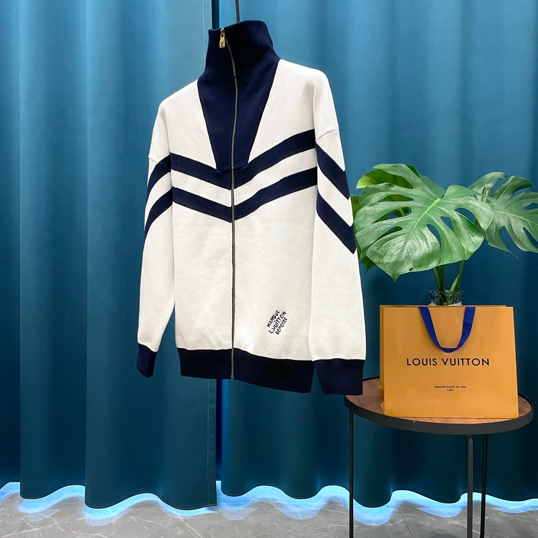 LV Louis Vuitton Jacquard Logo Wool Knit Zip Cardigan | Unisex Luxury Casual Outerwear