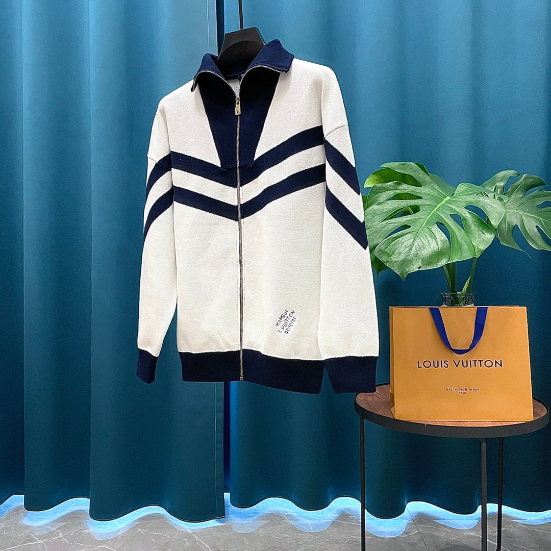 LV Louis Vuitton Jacquard Logo Wool Knit Zip Cardigan | Unisex Luxury Casual Outerwear