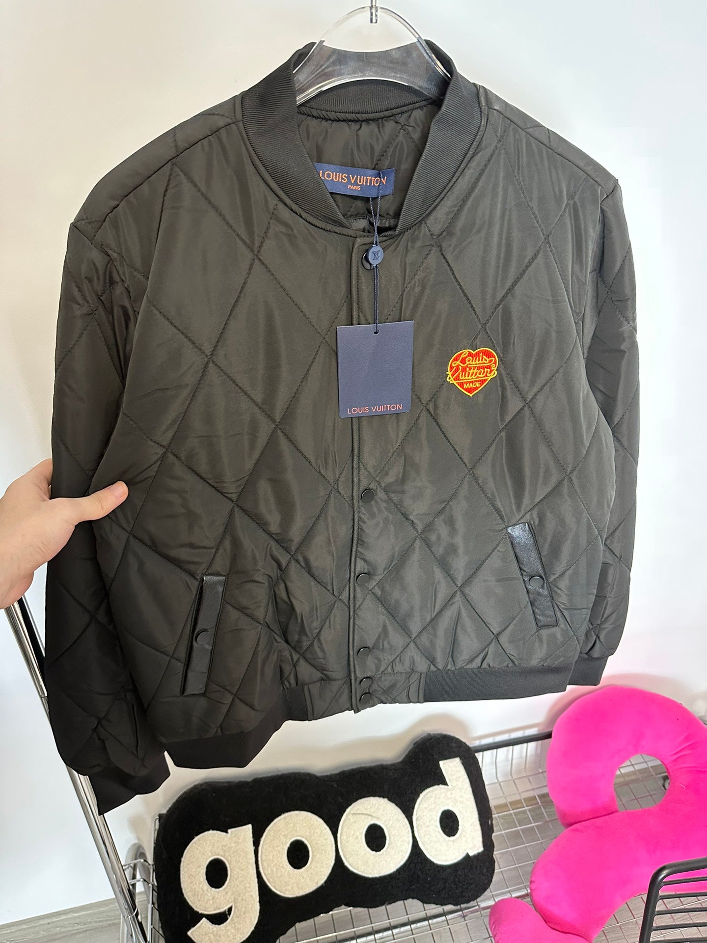 Louis Vuitton Unisex Embroidered Puffer Jacket – Dark Aesthetic, Relaxed Fit, Everyday Style