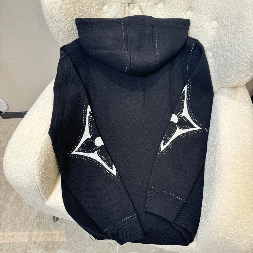 LV Intarsia Monogram Knit Zip Hoodie | Black & White Contrast Luxury Unisex Cardigan