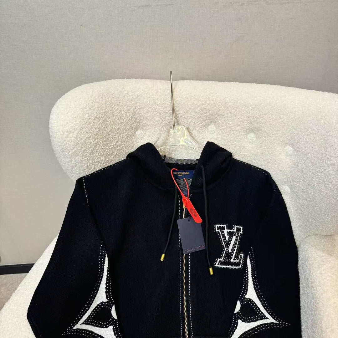 LV Intarsia Monogram Knit Zip Hoodie | Black & White Contrast Luxury Unisex Cardigan