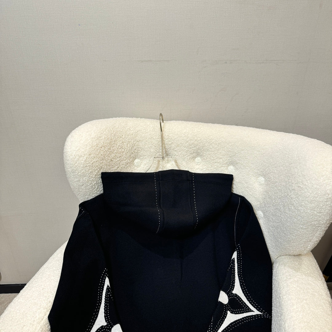 LV Intarsia Monogram Knit Zip Hoodie | Black & White Contrast Luxury Unisex Cardigan