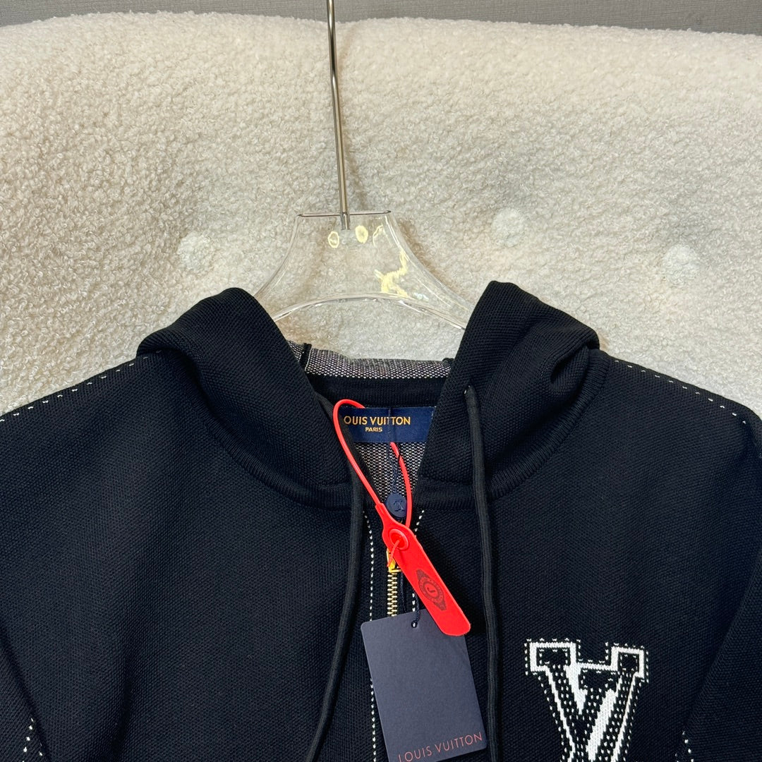 LV Intarsia Monogram Knit Zip Hoodie | Black & White Contrast Luxury Unisex Cardigan