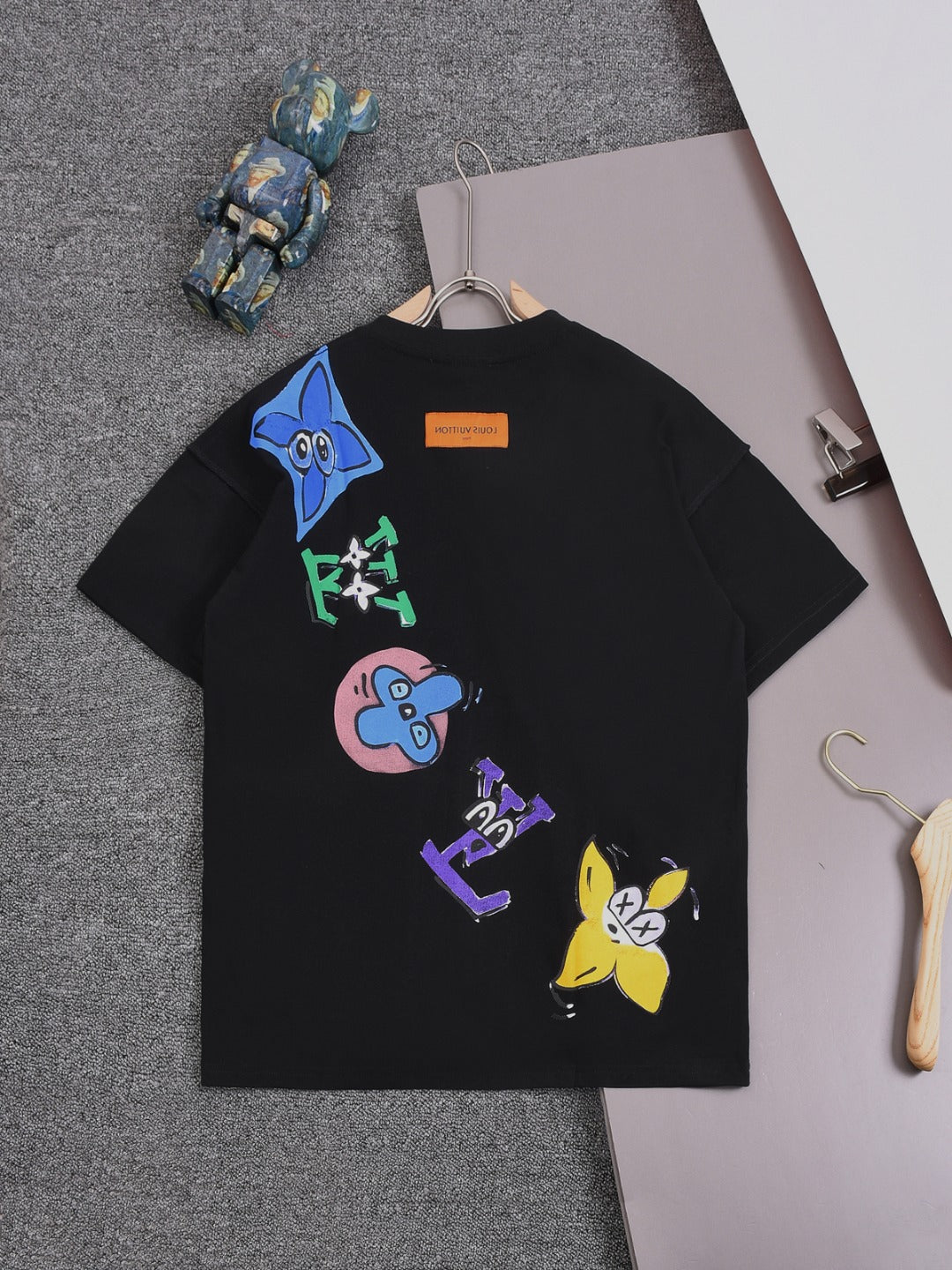 Louis Vuitton 25SS Rainbow Letter Front & Playful Character Back Cotton T-Shirt – Apricot / Black, XS-L