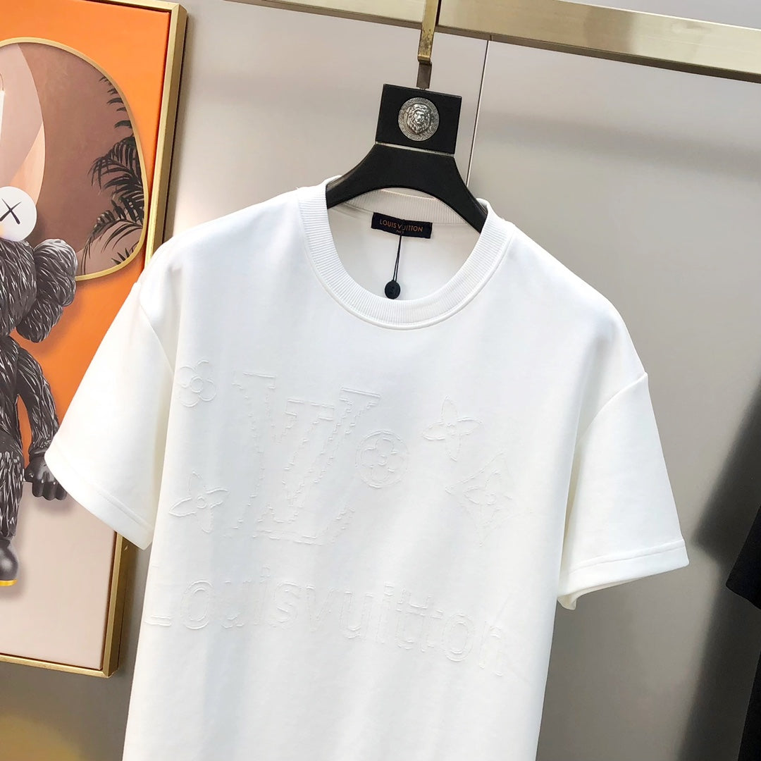 Louis Vuitton 2024 SS Men’s Crewneck T-Shirt – Premium Cotton, Cut-Burned LV Logo, Oversized OS Fit (S–3XL), Black/White/Orange