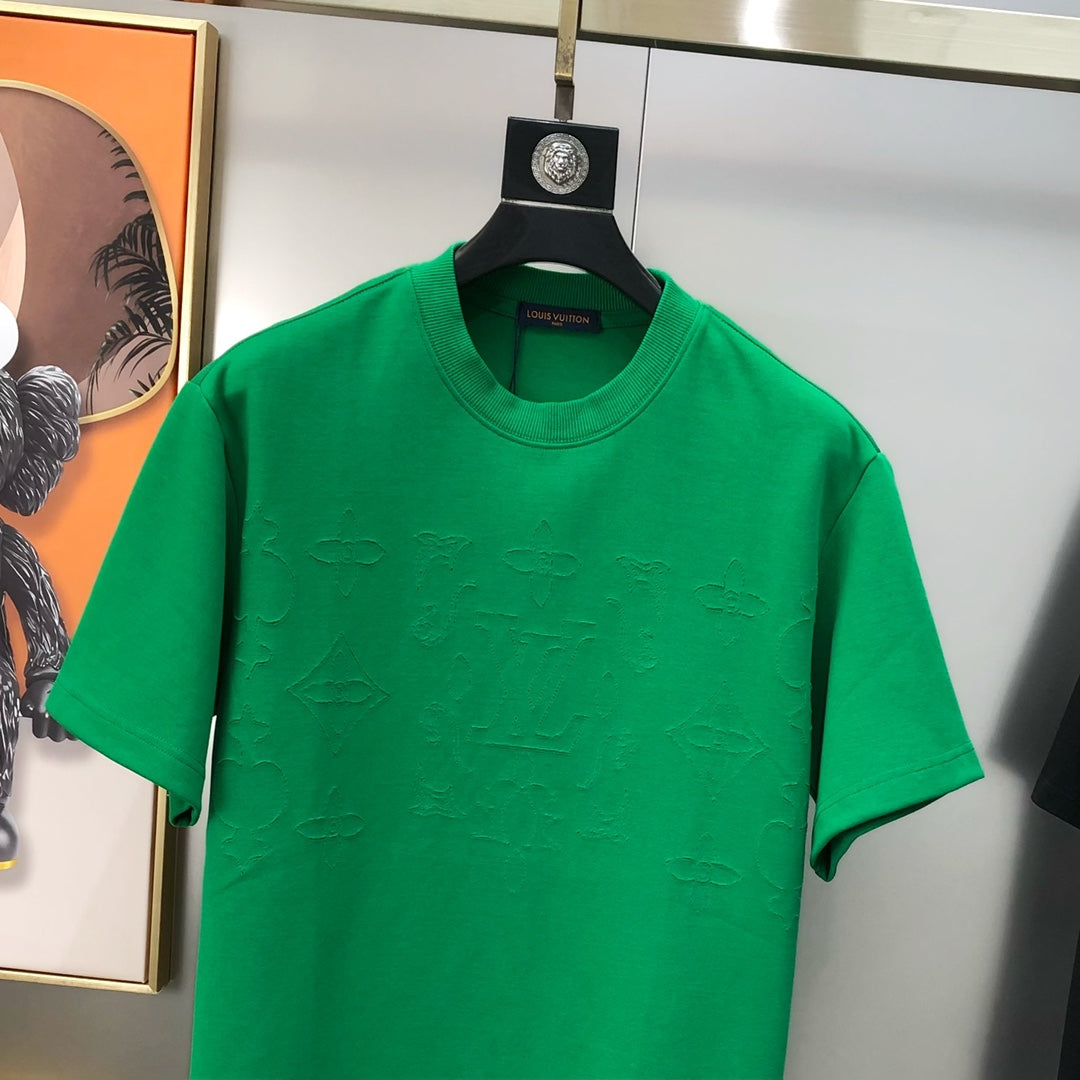 Louis Vuitton 2024 SS Men’s Crewneck T-Shirt – Premium Cotton, Double-Sleeve Cut-Burned LV Logos, Oversized OS Fit (S–3XL), Black/White/Green