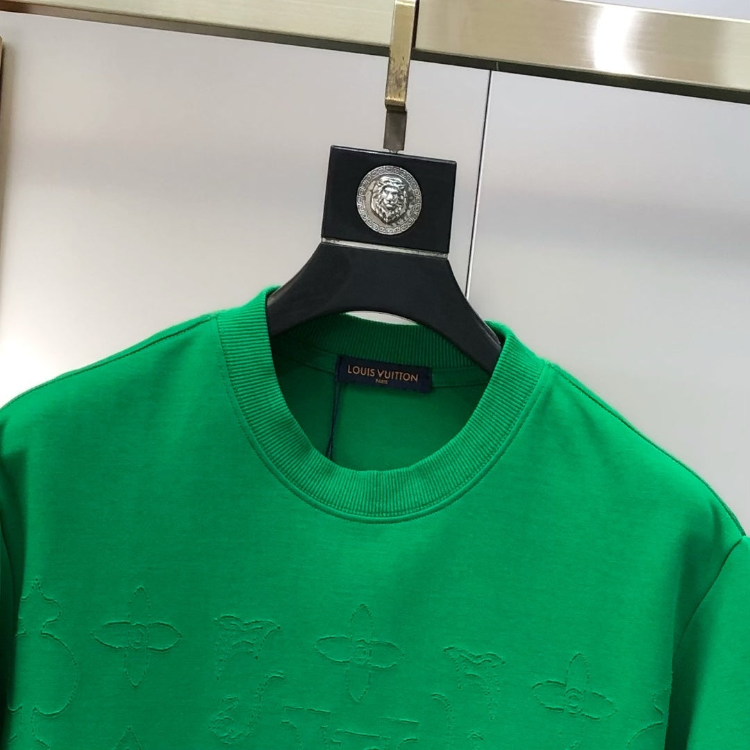 Louis Vuitton 2024 SS Men’s Crewneck T-Shirt – Premium Cotton, Double-Sleeve Cut-Burned LV Logos, Oversized OS Fit (S–3XL), Black/White/Green