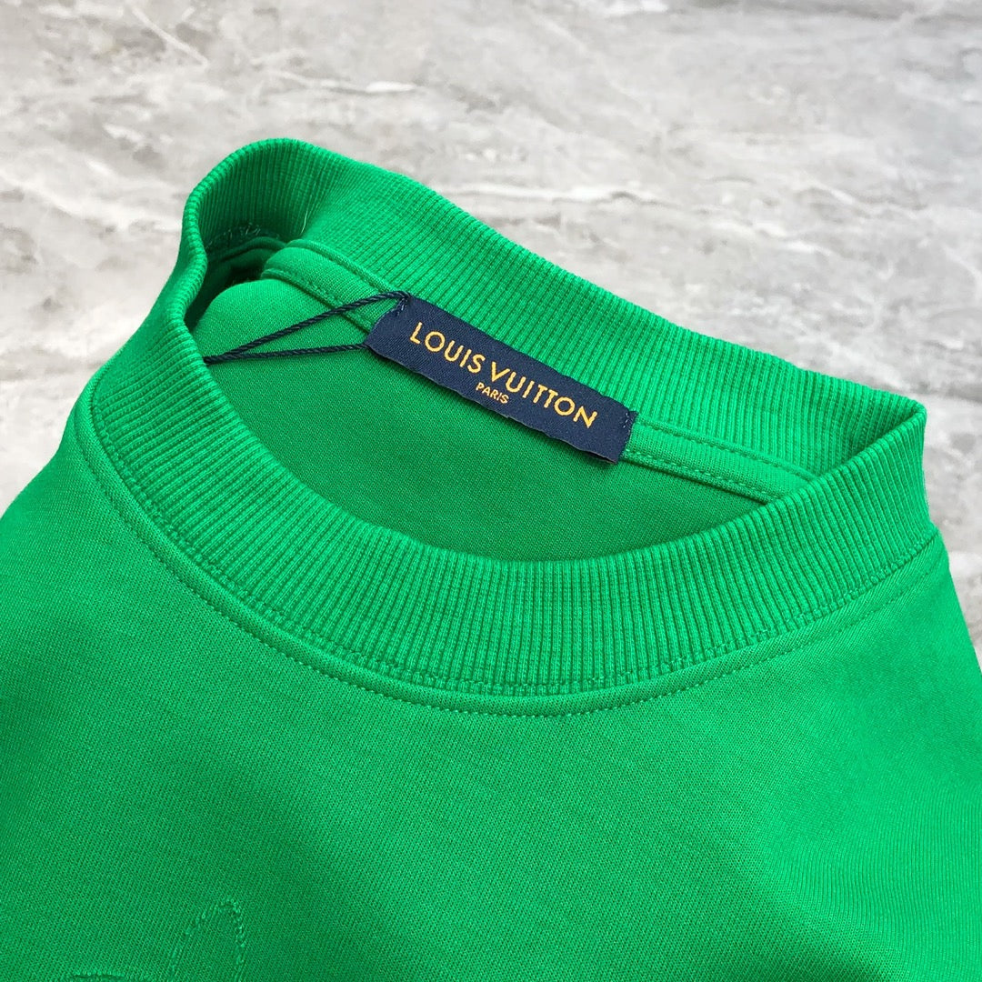 Louis Vuitton 2024 SS Men’s Crewneck T-Shirt – Premium Cotton, Double-Sleeve Cut-Burned LV Logos, Oversized OS Fit (S–3XL), Black/White/Green