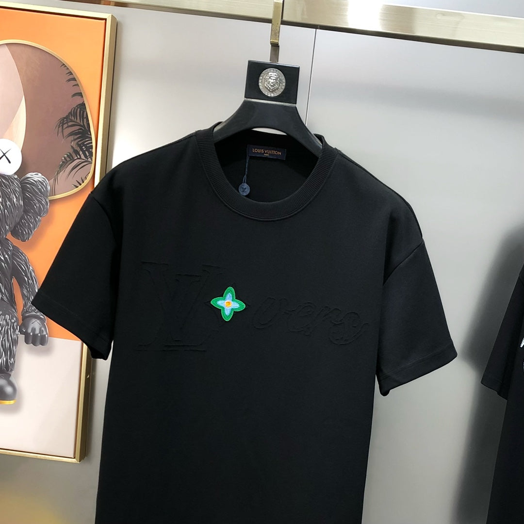 Louis Vuitton 2024 SS Men’s Crewneck T-Shirt – Premium Cotton, Cut-Burned Embroidered LV Logo, Oversized OS Fit (S–3XL), Black/White/Green/Orange
