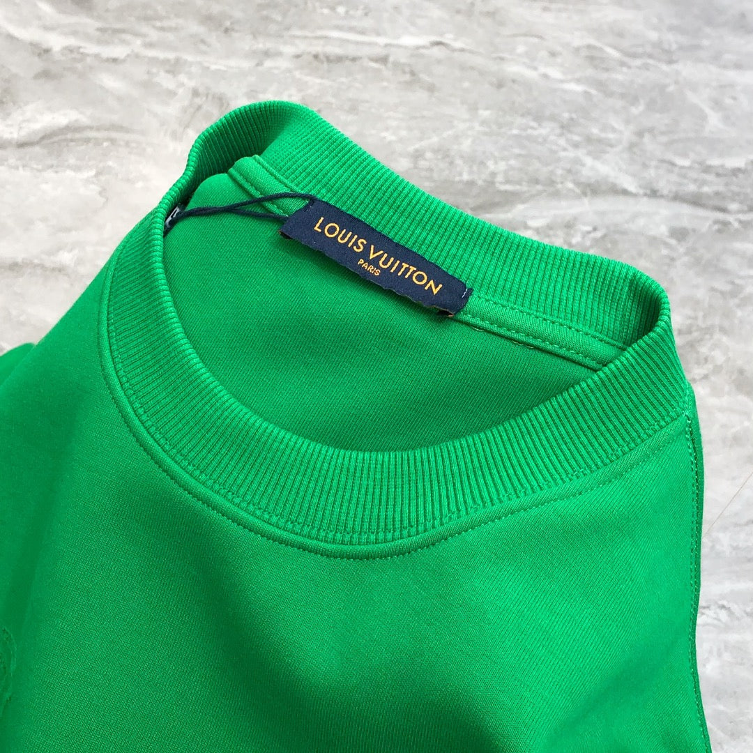Louis Vuitton 2024 SS Men’s Crewneck T-Shirt – Premium Cotton, Cut-Burned Embroidered LV Logo, Oversized OS Fit (S–3XL), Black/White/Green/Orange