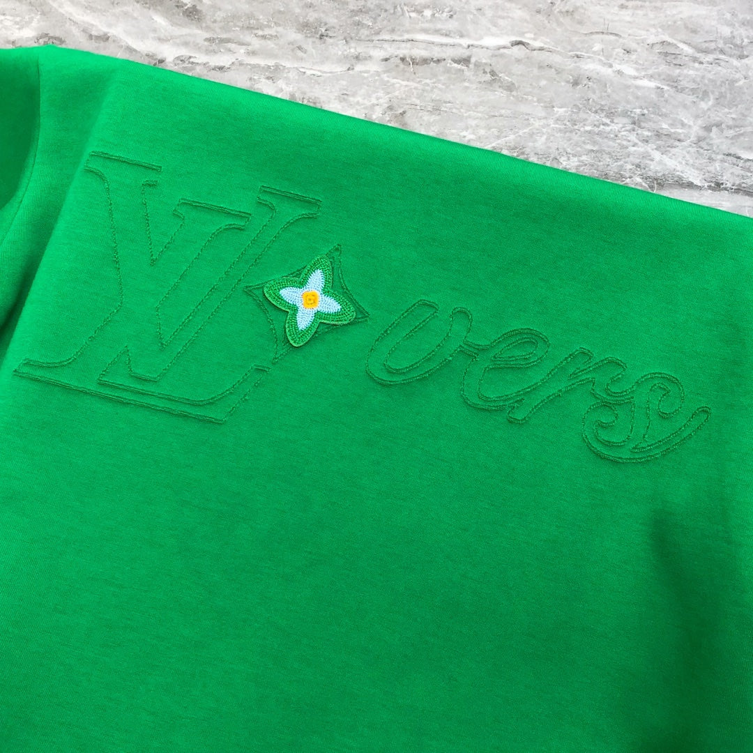 Louis Vuitton 2024 SS Men’s Crewneck T-Shirt – Premium Cotton, Cut-Burned Embroidered LV Logo, Oversized OS Fit (S–3XL), Black/White/Green/Orange