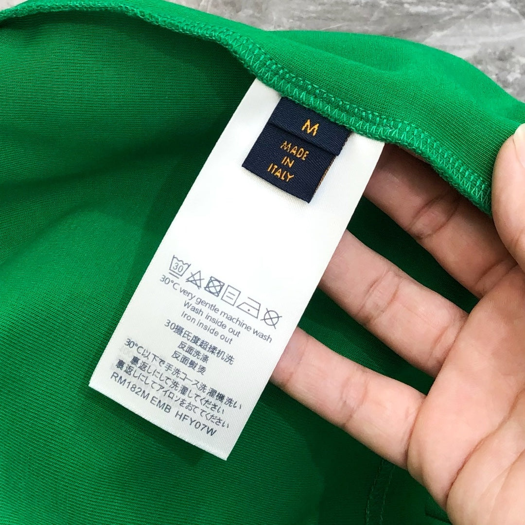 Louis Vuitton 2024 SS Men’s Crewneck T-Shirt – Premium Cotton, Cut-Burned Embroidered LV Logo, Oversized OS Fit (S–3XL), Black/White/Green/Orange