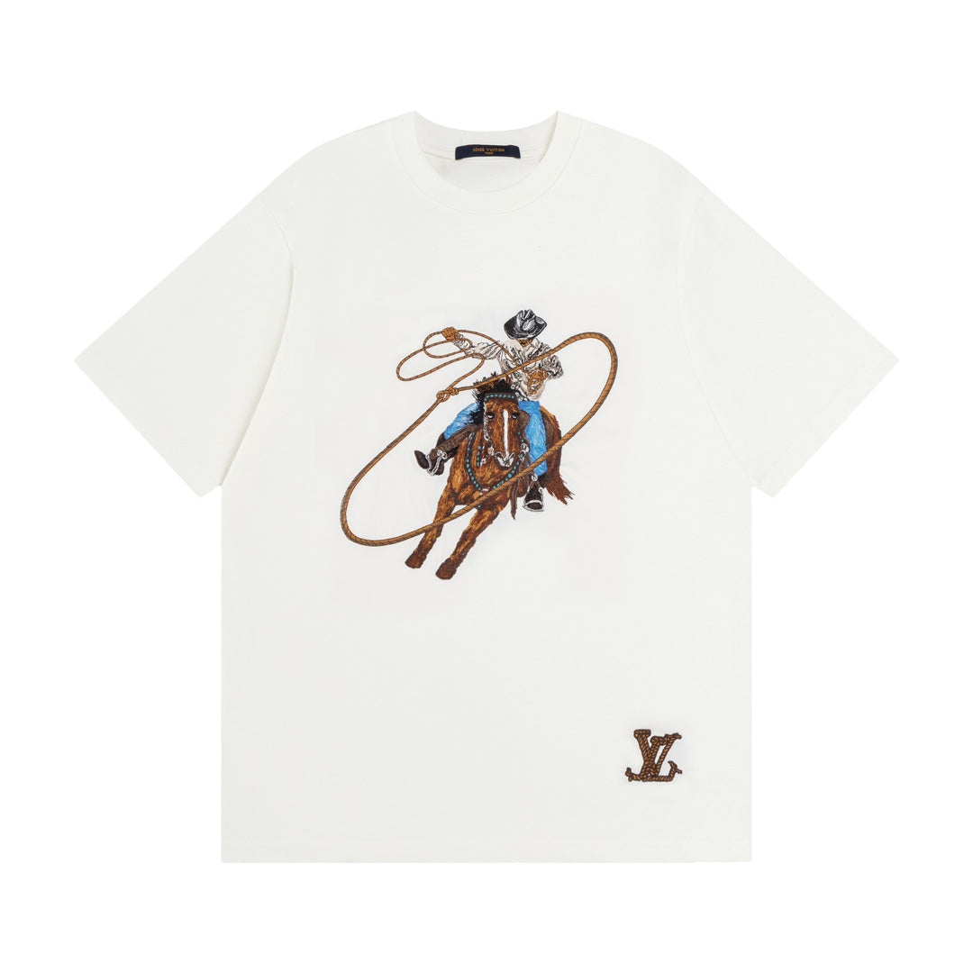 Louis Vuitton 24SS Western Cowboy Full Embroidered T-Shirt – Premium Cotton, Unisex (XS–L)