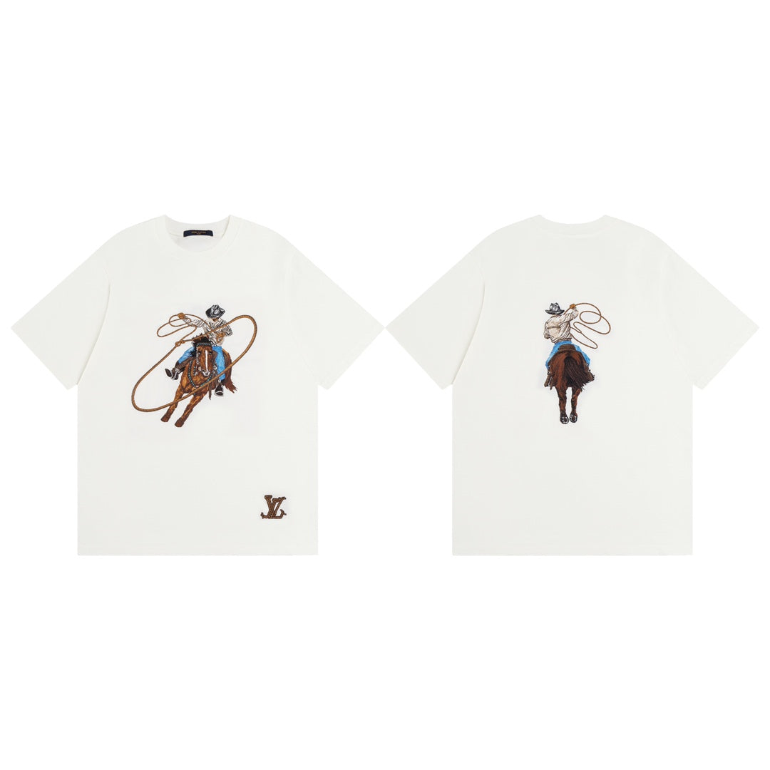 Louis Vuitton 24SS Western Cowboy Full Embroidered T-Shirt – Premium Cotton, Unisex (XS–L)