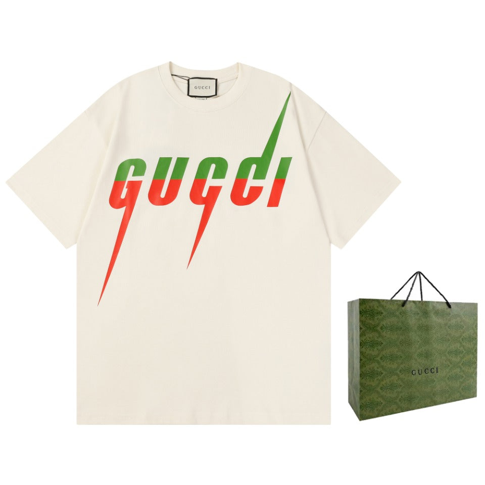 GUCCI Unisex Lightning Bolt Contrast Print T-Shirt – 2024 Luxury Collection, Beige/Black, Sizes XS–L