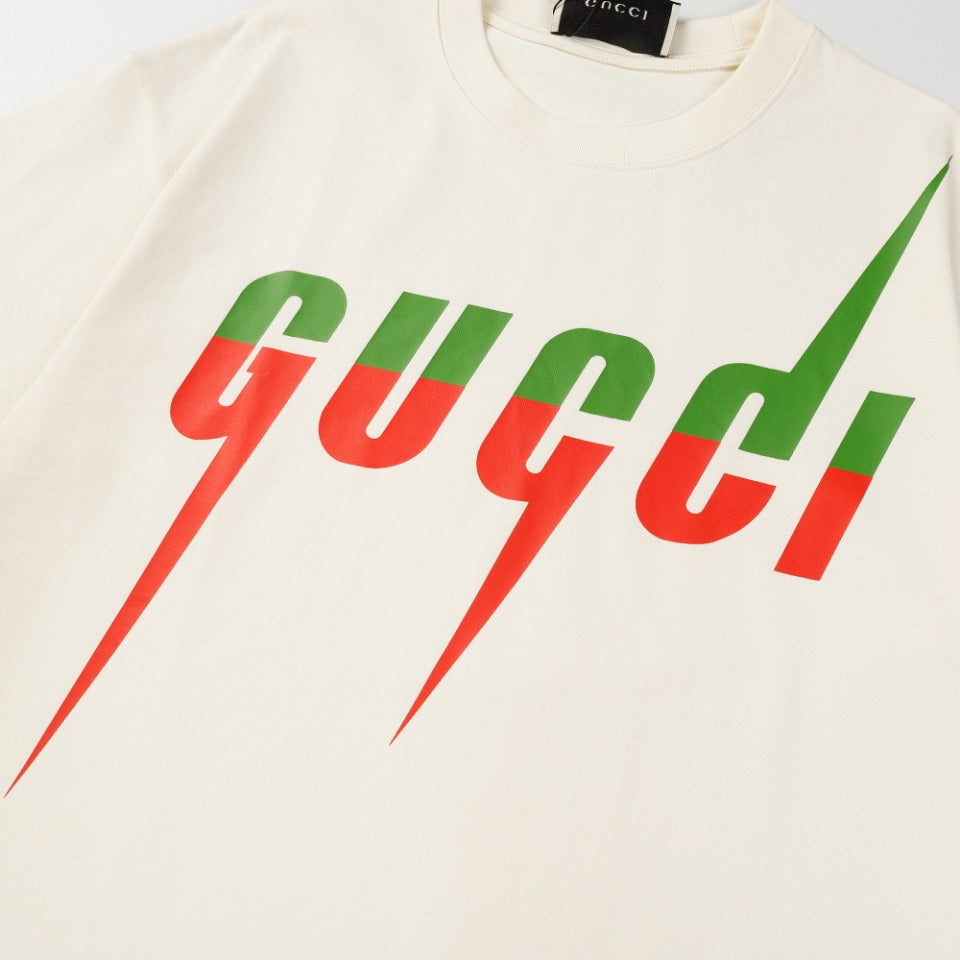 GUCCI Unisex Lightning Bolt Contrast Print T-Shirt – 2024 Luxury Collection, Beige/Black, Sizes XS–L