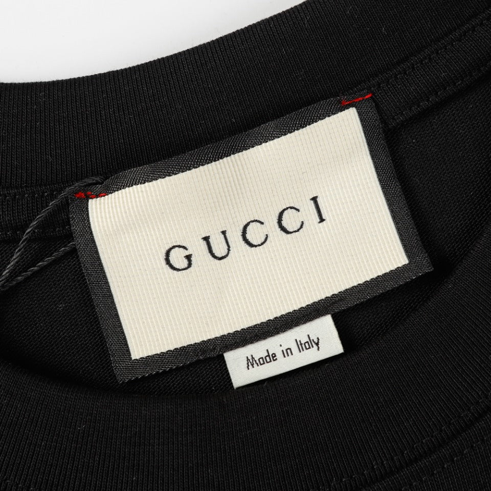 GUCCI Unisex Embroidered Logo Cotton T-Shirt – 2024 Spring/Summer Luxury Collection, Black/Beige, Sizes XS–L (Fits Like M–XXL)