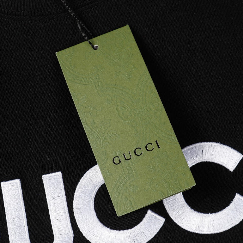 GUCCI Unisex Embroidered Logo Cotton T-Shirt – 2024 Spring/Summer Luxury Collection, Black/Beige, Sizes XS–L (Fits Like M–XXL)