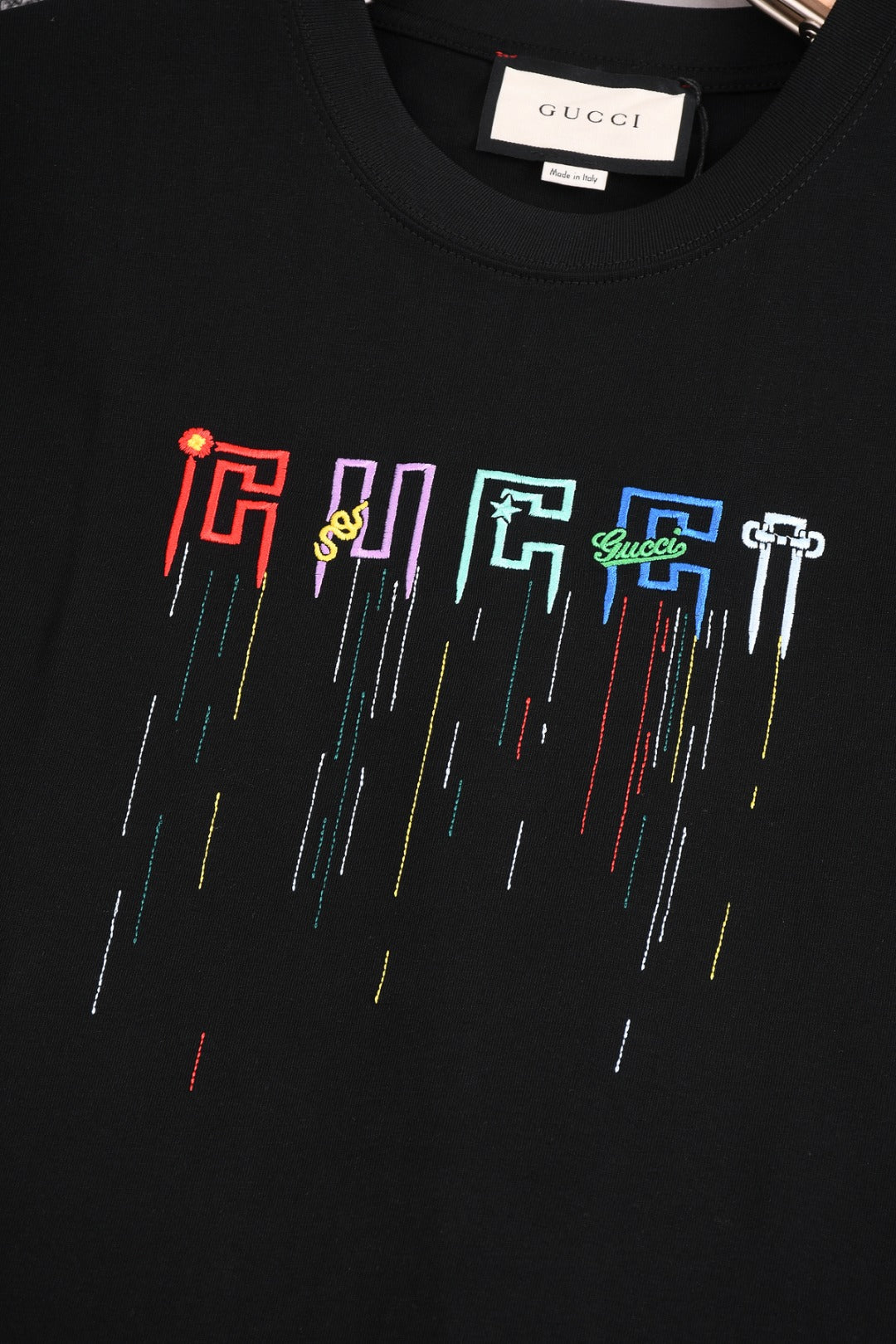 GUCCI Unisex Fringe Embroidered Logo T-Shirt – 2025 Spring/Summer Luxury Collection, Apricot/Black, Sizes XS–L