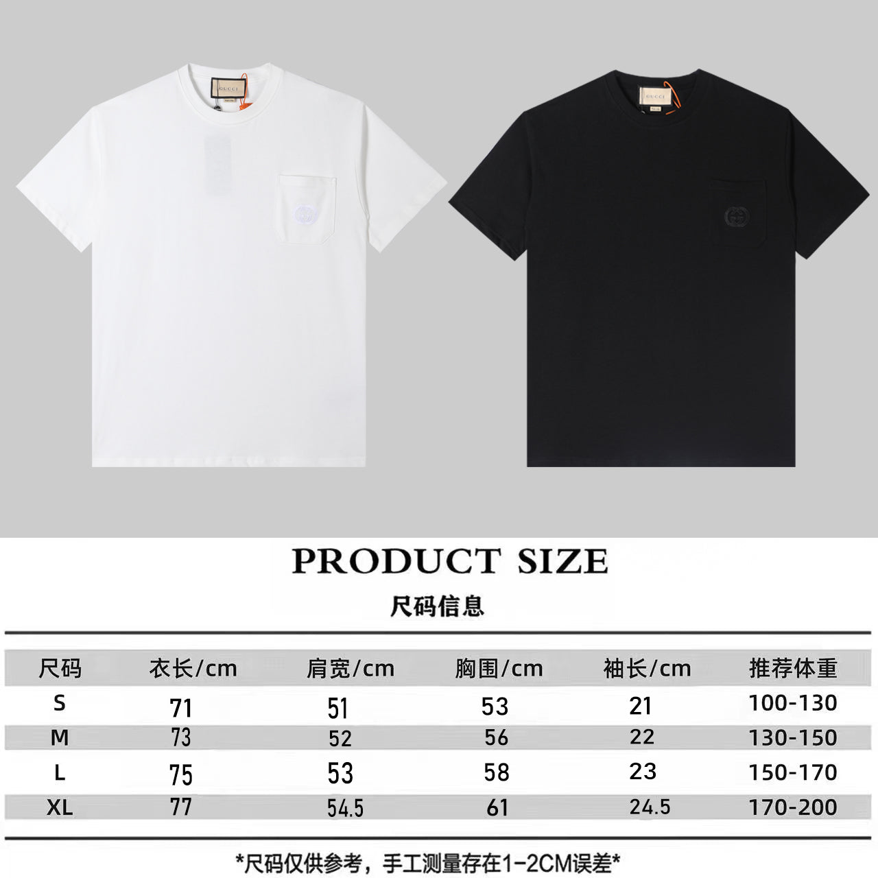 GUCCI 2024 Pocket Logo 3D Embroidered Unisex T-Shirt – Black/White, Sizes S–XL (Style C303)