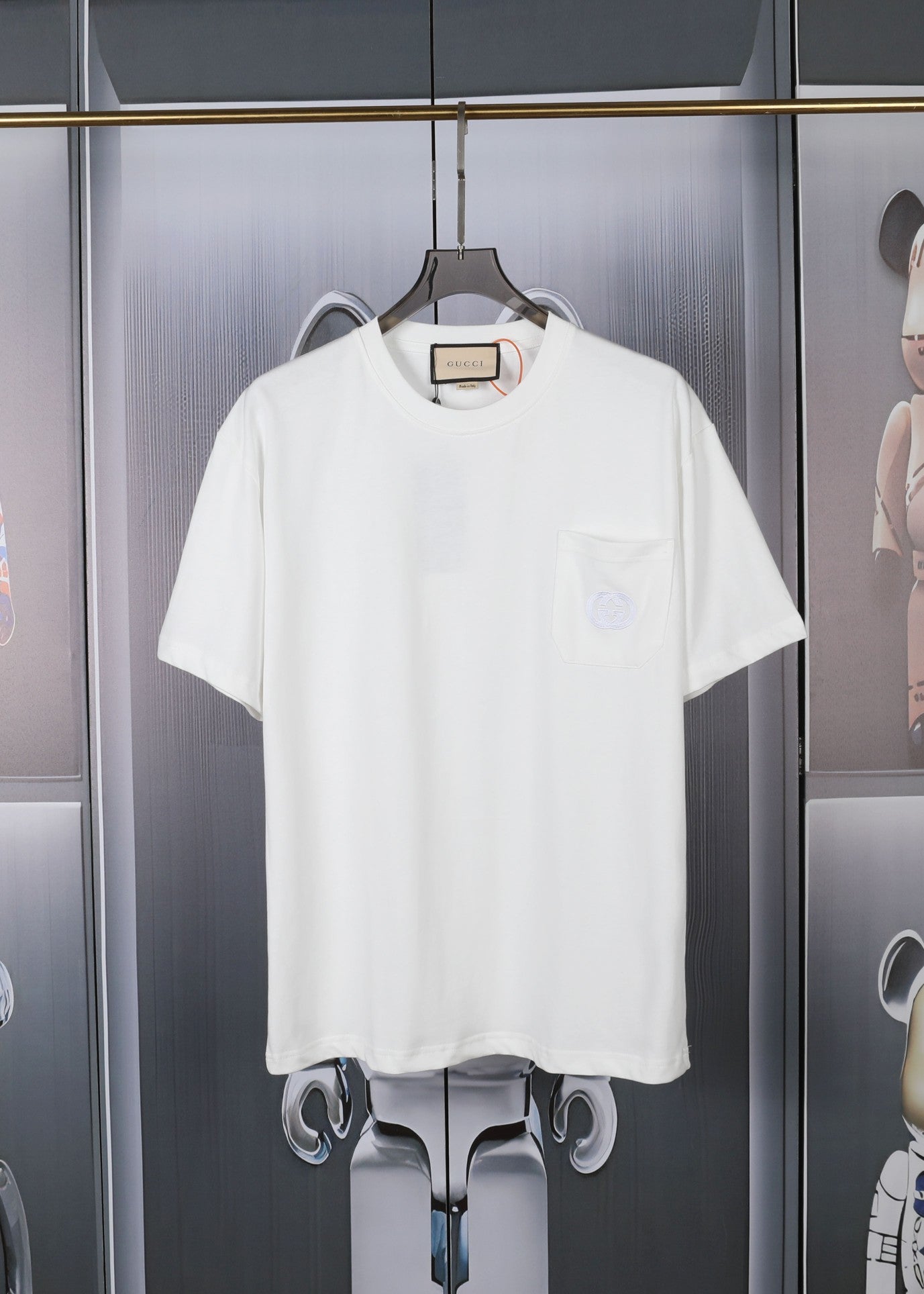 GUCCI 2024 Pocket Logo 3D Embroidered Luxury Heavyweight Cotton Unisex T-Shirt – Black/White, Sizes S–XL (Style C303)