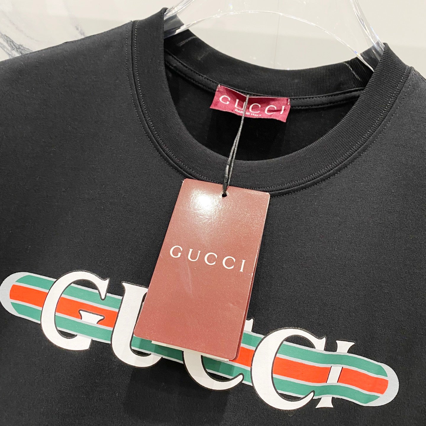GUCCI Web Stripe Logo Print Crewneck T-Shirt – Unisex Premium Cotton in Black/White, S–XL