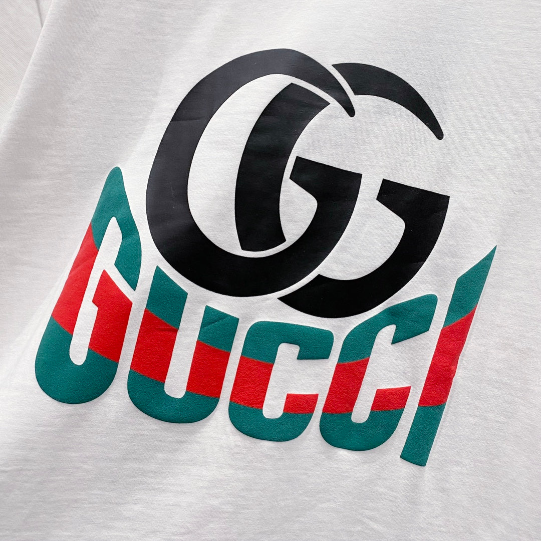 GUCCI GG Letter Logo Print T-Shirt with Web Stripe – Unisex 320g Premium Cotton in Black/White, S–XL