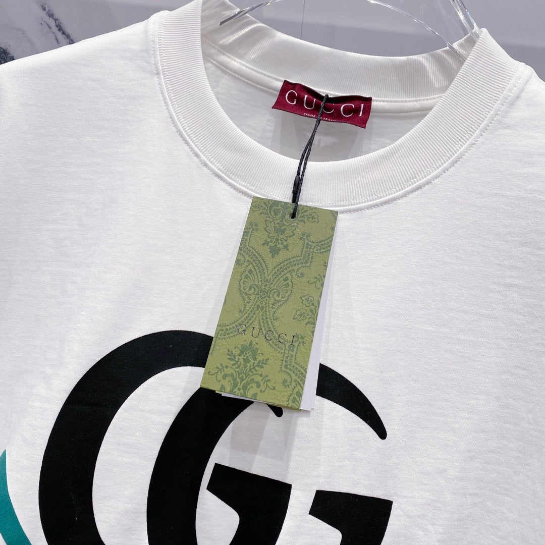 GUCCI GG Letter Logo Print T-Shirt with Web Stripe – Unisex 320g Premium Cotton in Black/White, S–XL