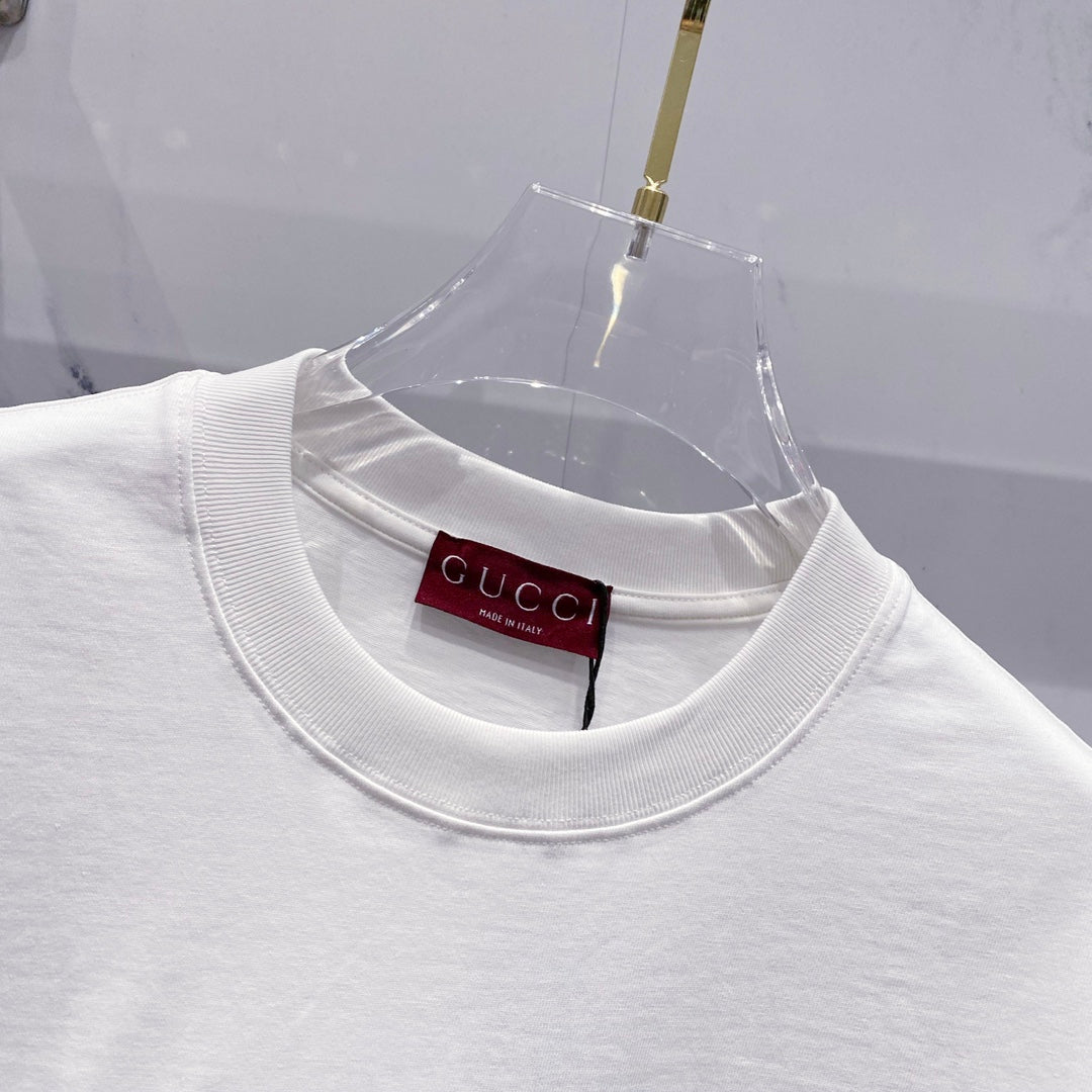 GUCCI GG Letter Logo Print T-Shirt with Web Stripe – Unisex 320g Premium Cotton in Black/White, S–XL