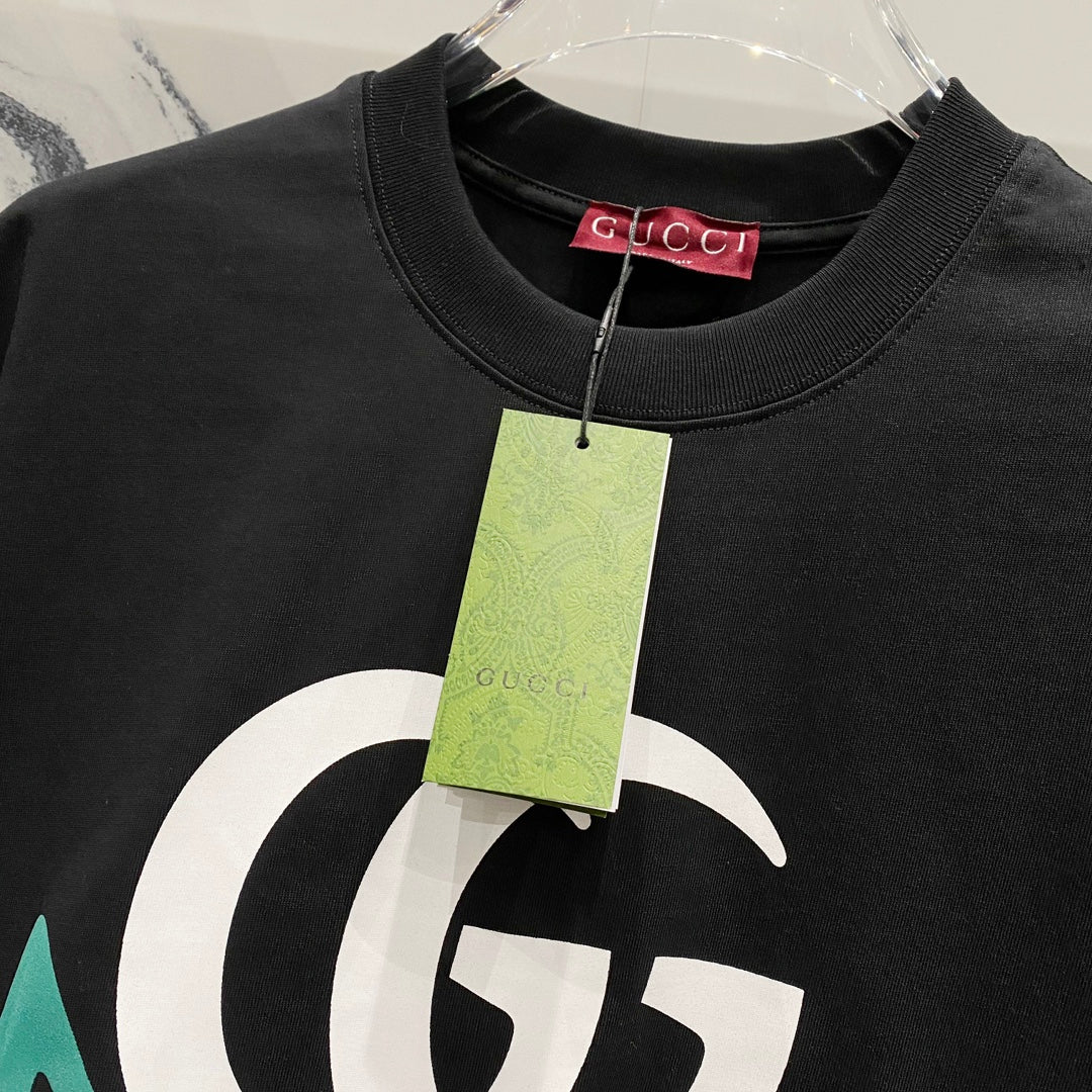 GUCCI GG Letter Logo T-Shirt with Web Stripe Print – Unisex 320g Premium Cotton in Black/White, S–XL