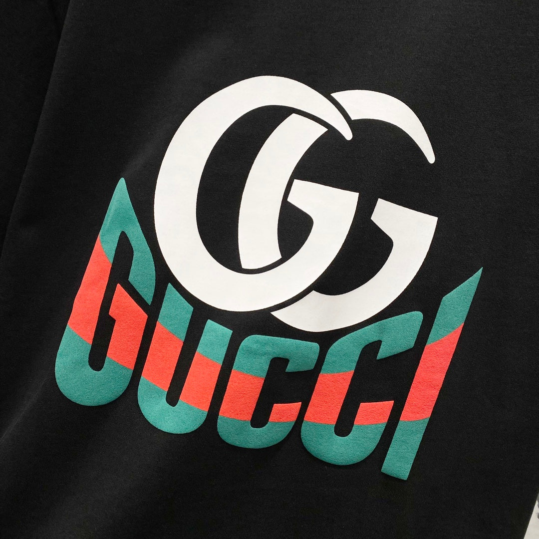 GUCCI GG Letter Logo T-Shirt with Web Stripe Print – Unisex 320g Premium Cotton in Black/White, S–XL
