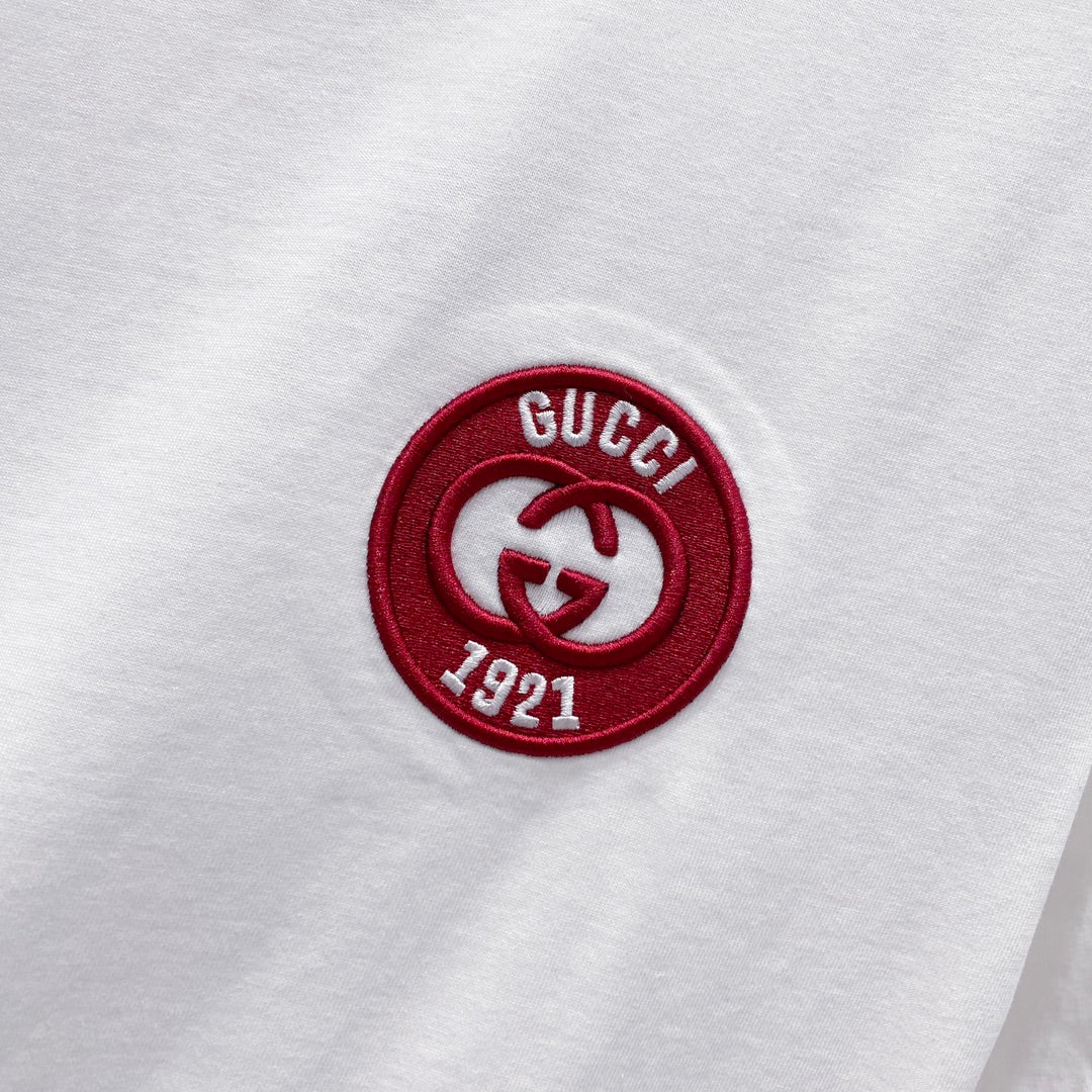 GUCCI 1921 Logo Embroidered Contrast-Collar T-Shirt – Unisex 320g Premium Cotton in Black/White, S–XL