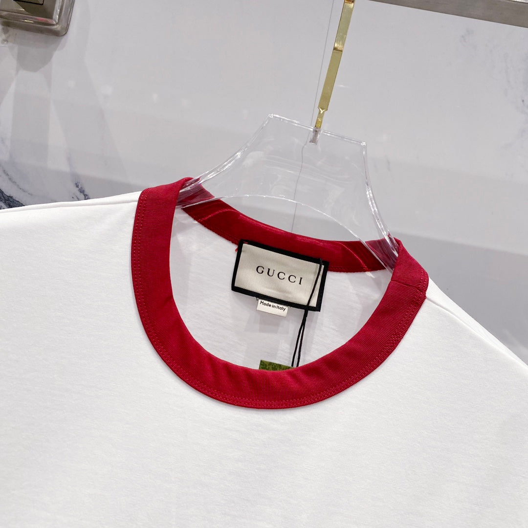 GUCCI 1921 Logo Embroidered Contrast-Collar T-Shirt – Unisex 320g Premium Cotton in Black/White, S–XL