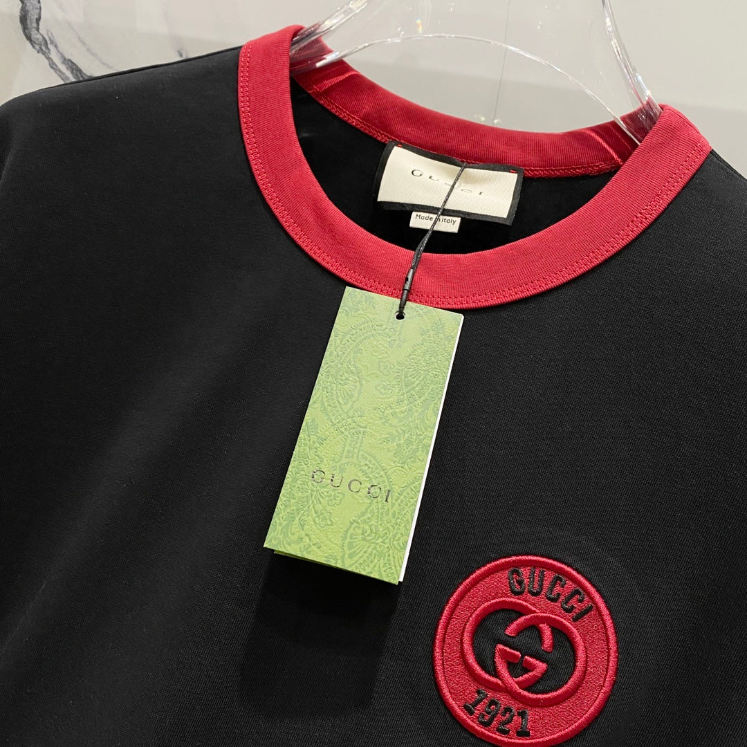 GUCCI 1921 Logo Embroidered Contrast-Collar T-Shirt – Unisex 320g Premium Cotton in Black/White, S–XL