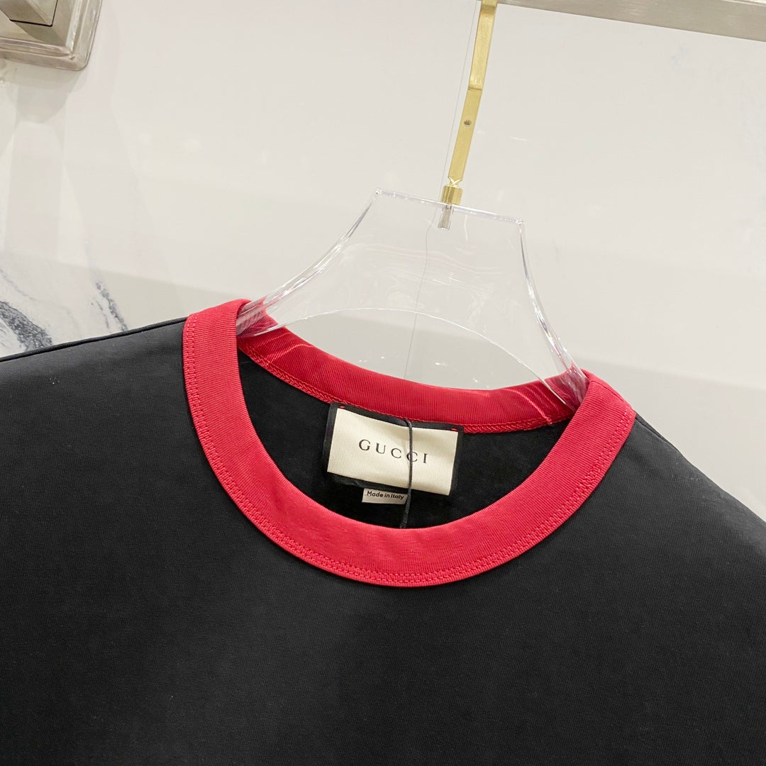 GUCCI 1921 Logo Embroidered Contrast-Collar T-Shirt – Unisex 320g Premium Cotton in Black/White, S–XL