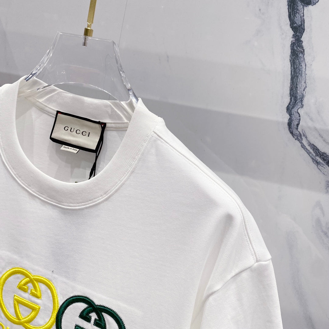 GUCCI Multicolor Embroidered Double-G Logo T-Shirt – Unisex 320g Premium Cotton in Black/White, S–XL
