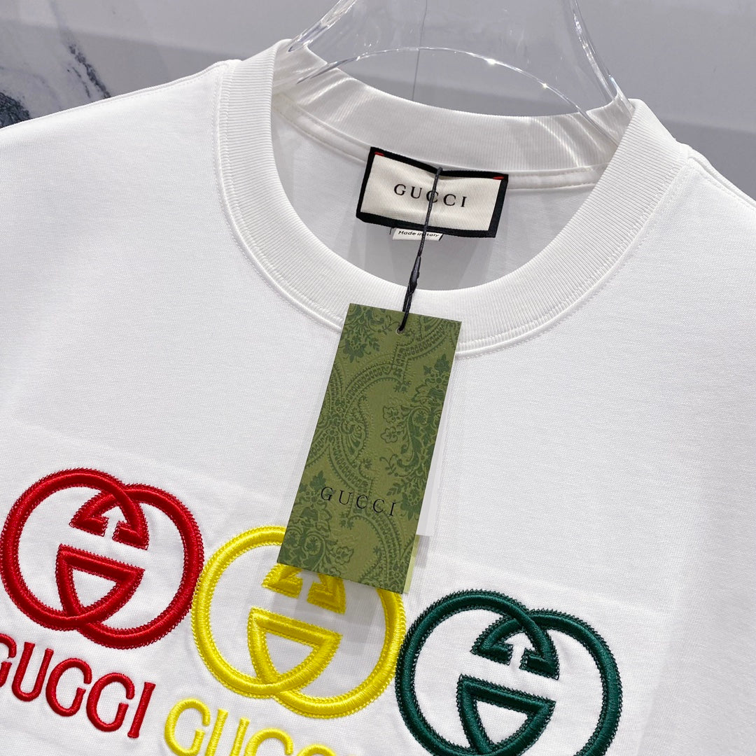 GUCCI Multicolor Embroidered Double-G Logo T-Shirt – Unisex 320g Premium Cotton in Black/White, S–XL