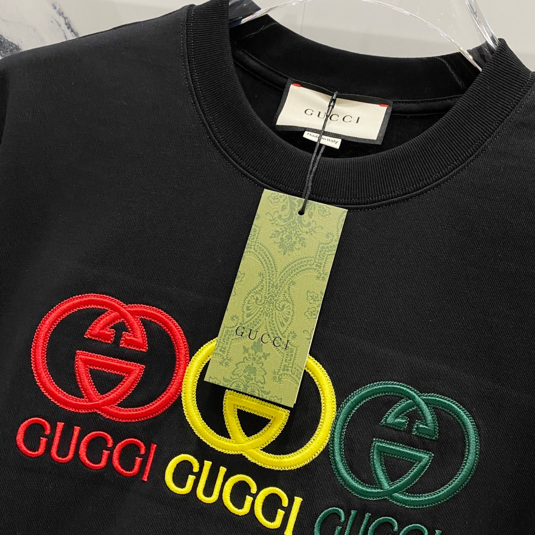 GUCCI Multicolor 3D Embroidered Double-G Logo T-Shirt – Unisex 320g Premium Cotton in Black/White, S–XL