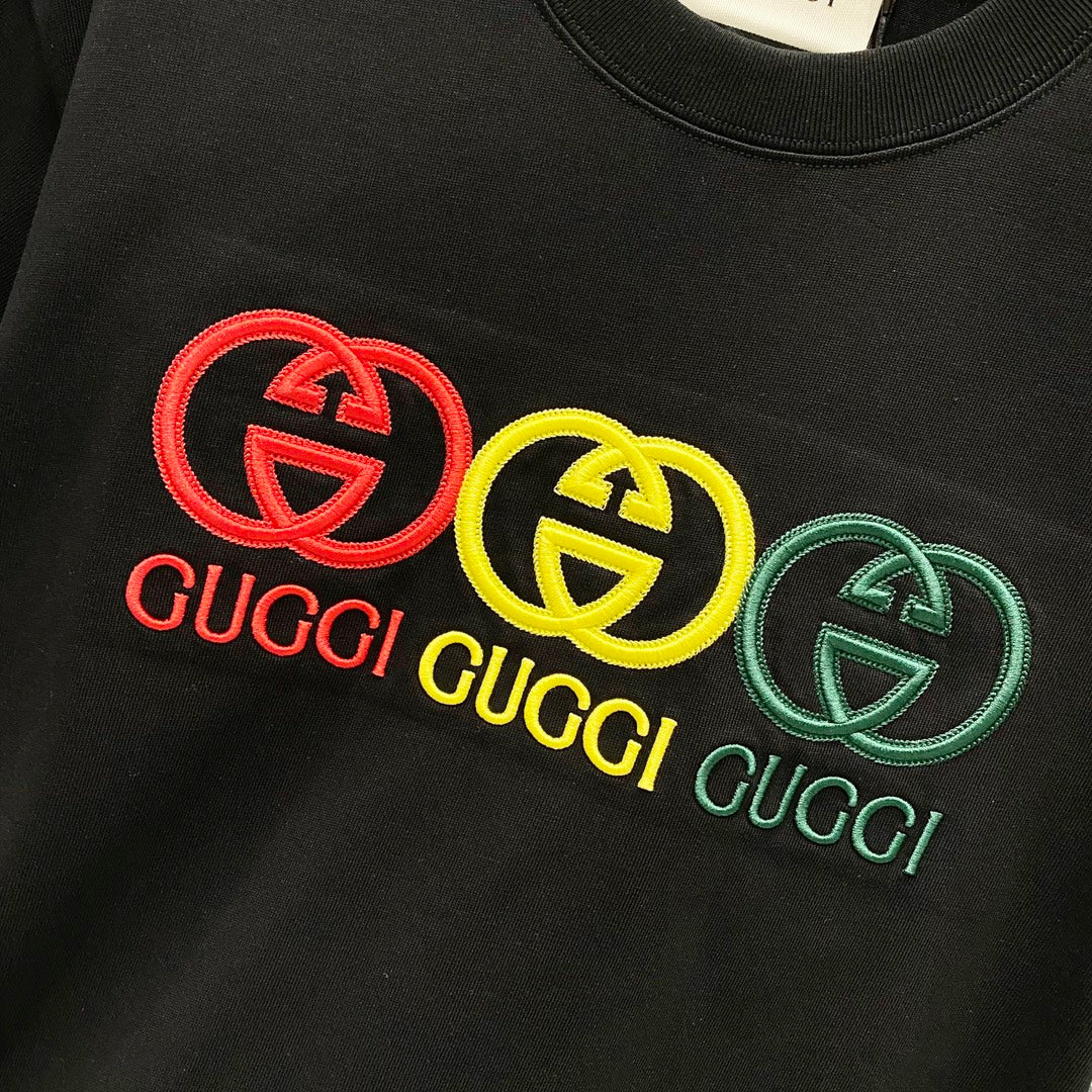 GUCCI Multicolor 3D Embroidered Double-G Logo T-Shirt – Unisex 320g Premium Cotton in Black/White, S–XL