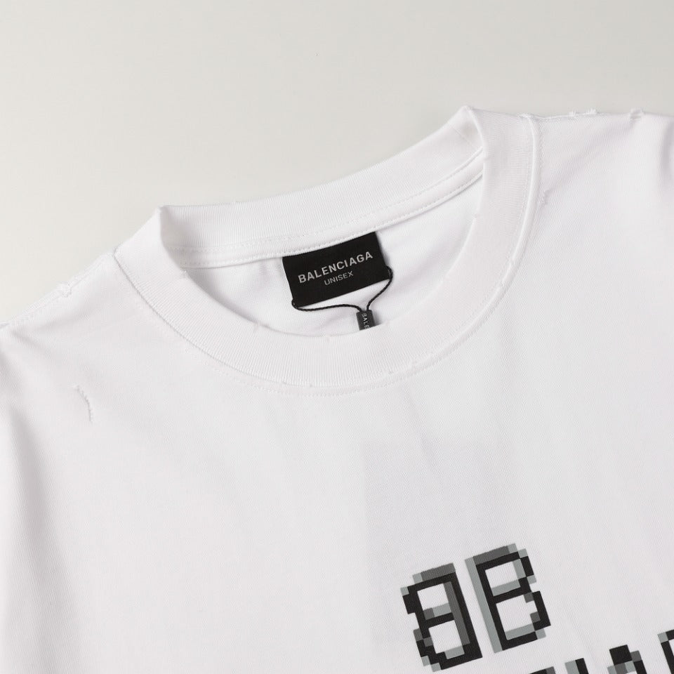 BALENCIAGA 2024 SS “Volcanic Mosaic” Distressed T-Shirt – Konli Print, 350g Double-Yarn Cotton (Black/White, XS–L)