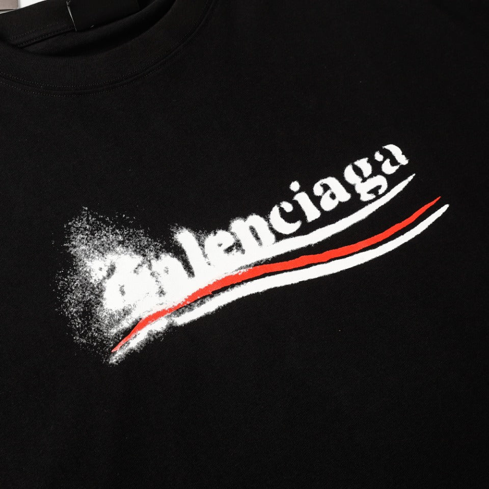 BALENCIAGA 2024 SS “Blurred Cola” Splatter Logo T-Shirt – 350g Custom Double-Yarn Cotton (Black/White, Unisex)