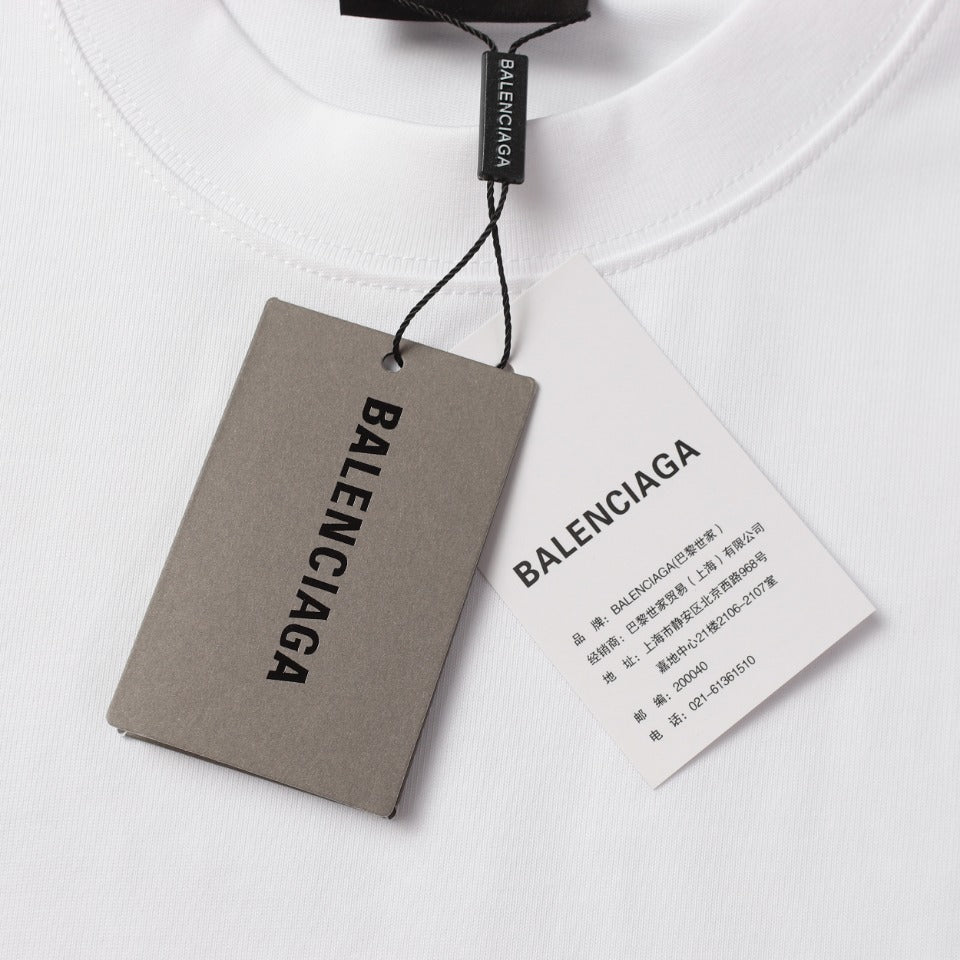 BALENCIAGA 2024 SS “Floral Letter” Rhinestone Logo T-Shirt – 350g Cotton (Black/White, Unisex)
