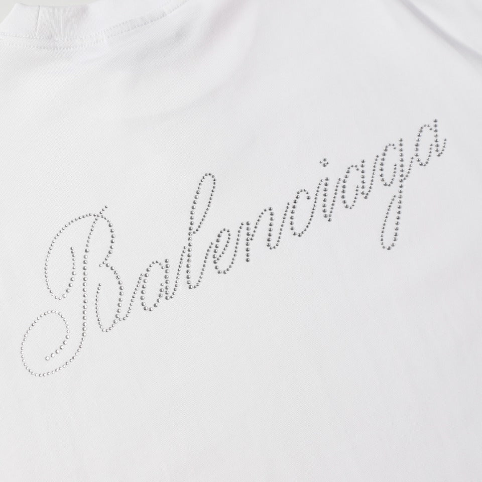 BALENCIAGA 2024 SS “Floral Letter” Rhinestone Logo T-Shirt – 350g Cotton (Black/White, Unisex)