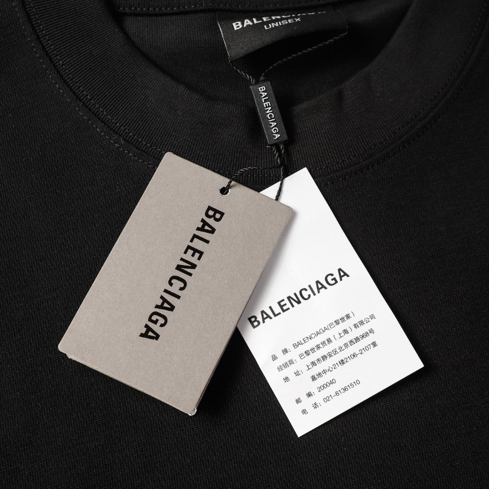 BALENCIAGA 2024 SS Floral Paris Rhinestone Logo T-Shirt – 350g Premium Cotton (Black/White, XS–L)