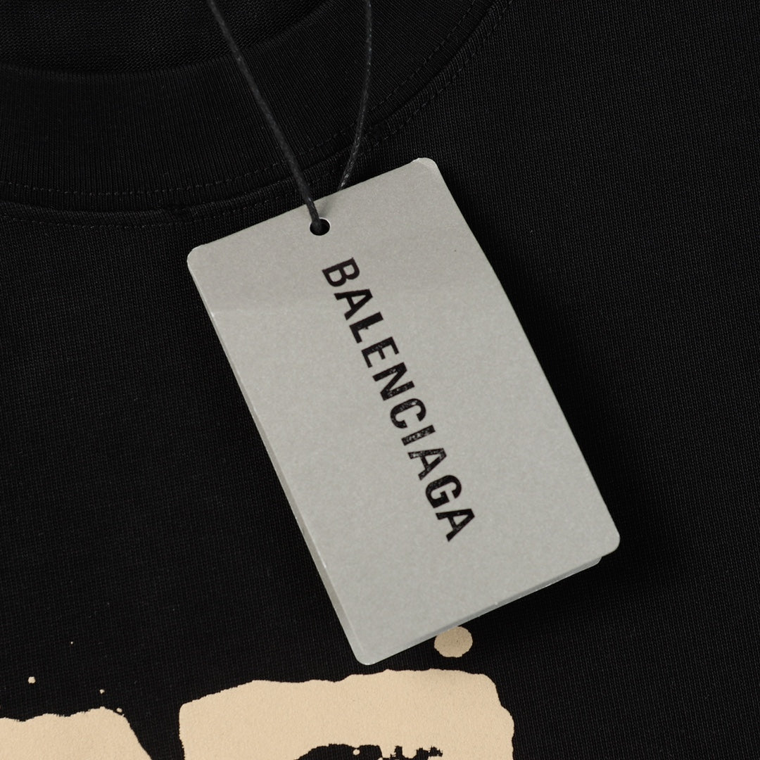 BALENCIAGA 23SS Graffiti Print Oversized T-Shirt – 350g Premium Cotton (Black/White, XS–L)