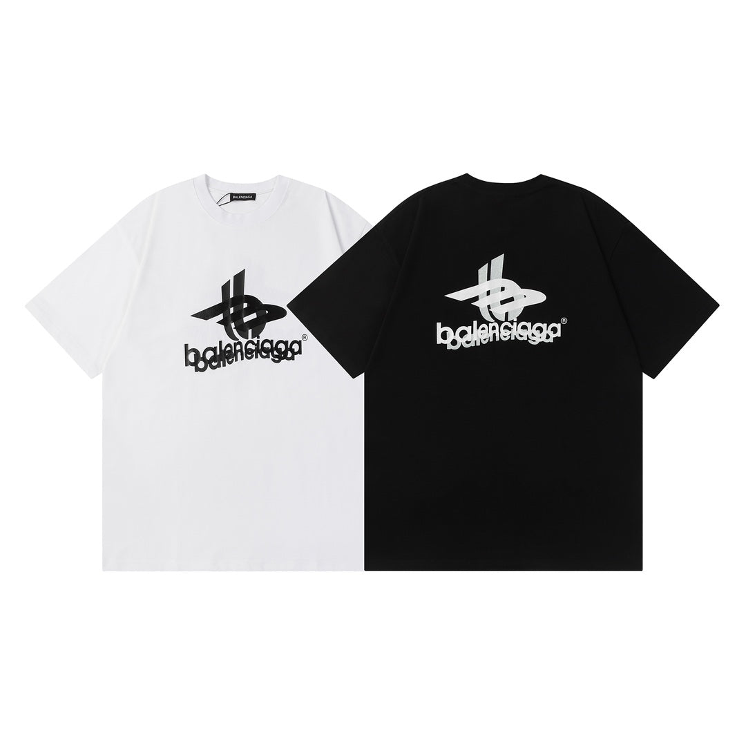BALENCIAGA 23SS Overlapping Logo Print T-Shirt – 350g Premium Cotton (Black/White, XS–L)