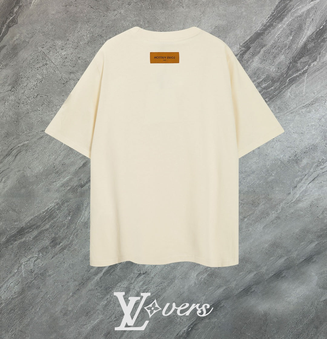 Louis Vuitton (LV) 2025 New Premium Round Neck T-Shirt – Embroidered Sleeve Logo – Black/White/Beige – S-2XL